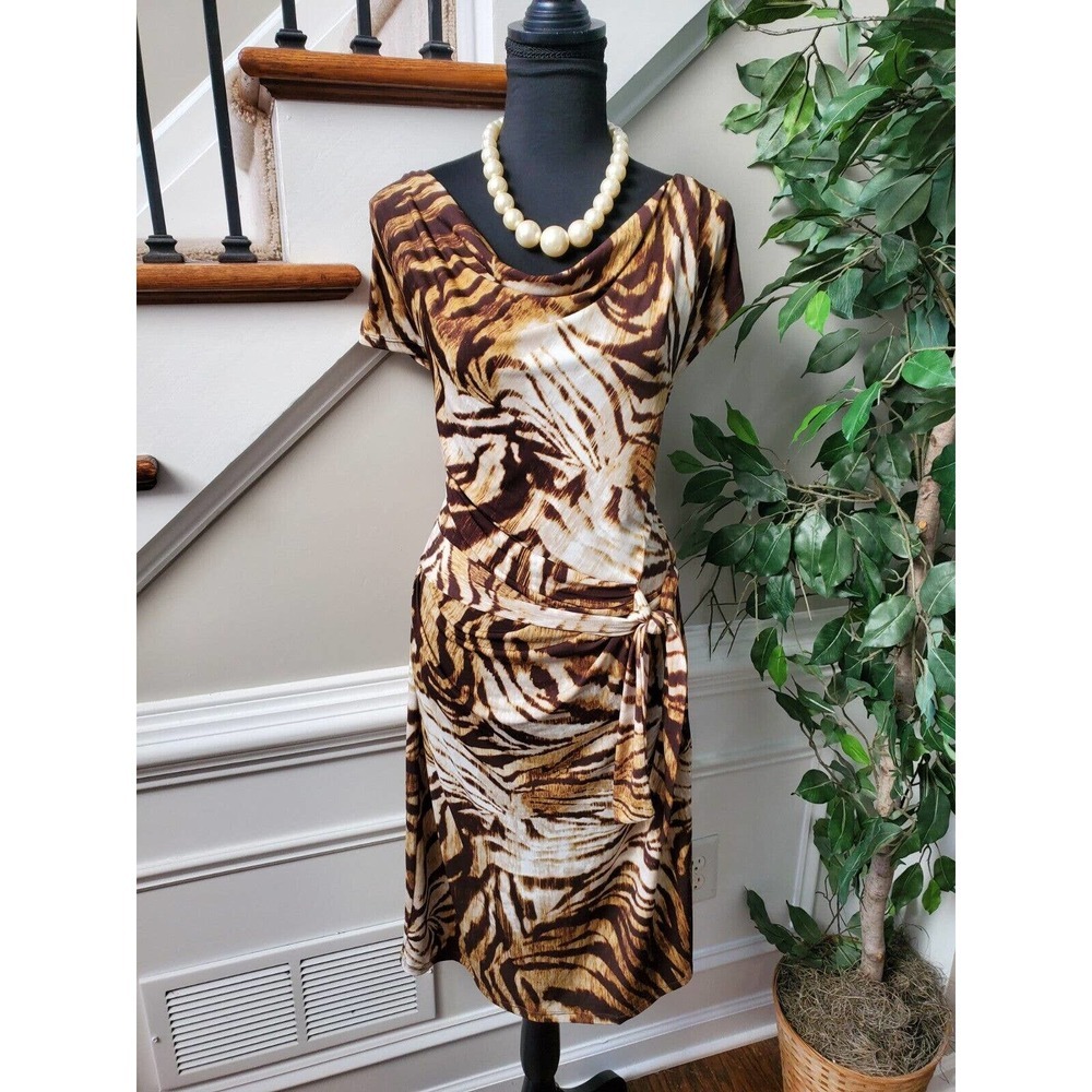 Jones NewYork Women's Brown Polyester Short Sleeve Cowl Neck Knee Length Dress L